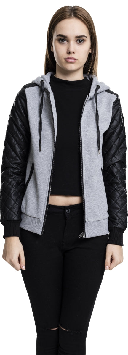 Ladies Diamond Synthetic Leather Sleeve Zip Hoodie