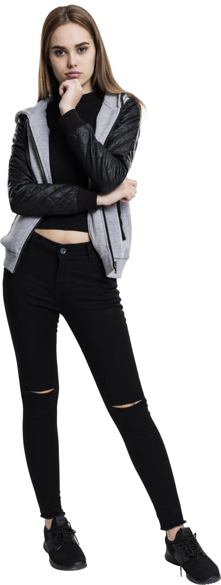 Ladies Diamond Synthetic Leather Sleeve Zip Hoodie