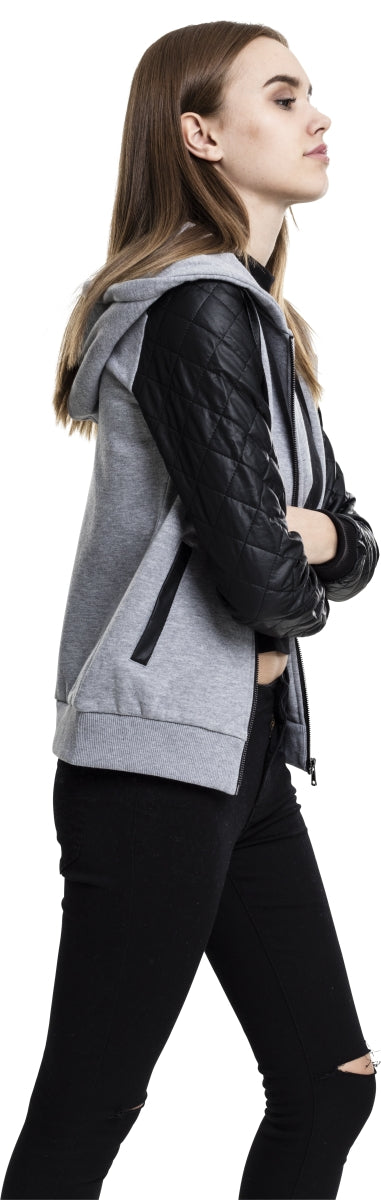 Ladies Diamond Synthetic Leather Sleeve Zip Hoodie